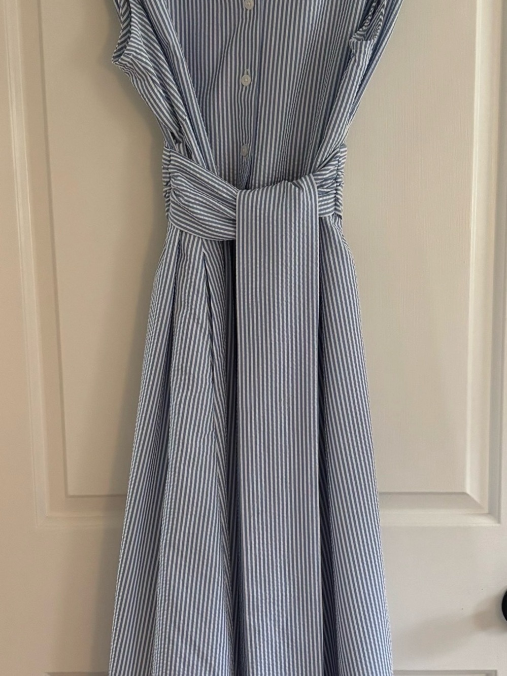 Anne Klein Blue and White Striped Tie-Waist Midi Dress